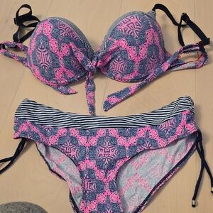 Pink & Navy Patterned Women’s Bikini Set - Push-Up Top & Tie-Side Bottoms